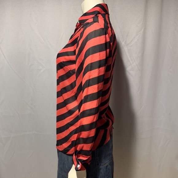 Vintage 70s Blouse Red Black Stripe Size Small Peter Pan Collar Semi She… - Picture 4 of 5